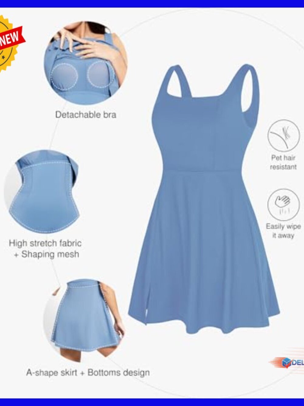 Shapewear Tennis Dress with Pockets, Square Neck, Slit Hem, Built-in Shorts - Picture 4 of 7